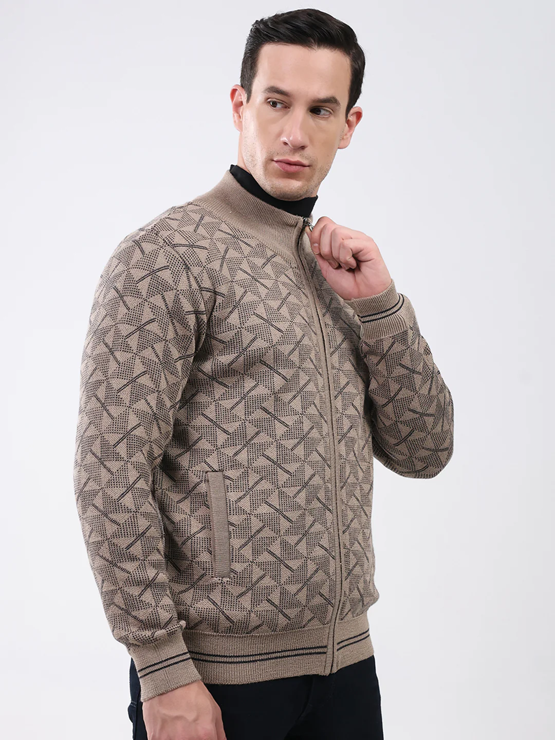 Men Beige Self Design Mock Neck Full Sleeve Pullover - Image 4