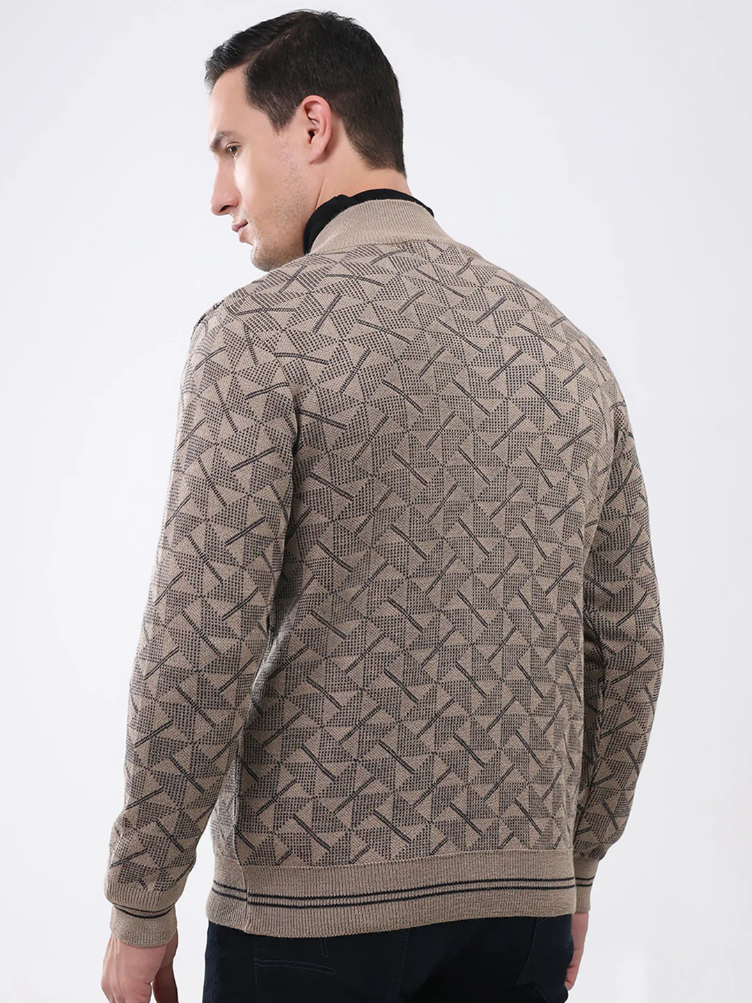 Men Beige Self Design Mock Neck Full Sleeve Pullover - Image 5