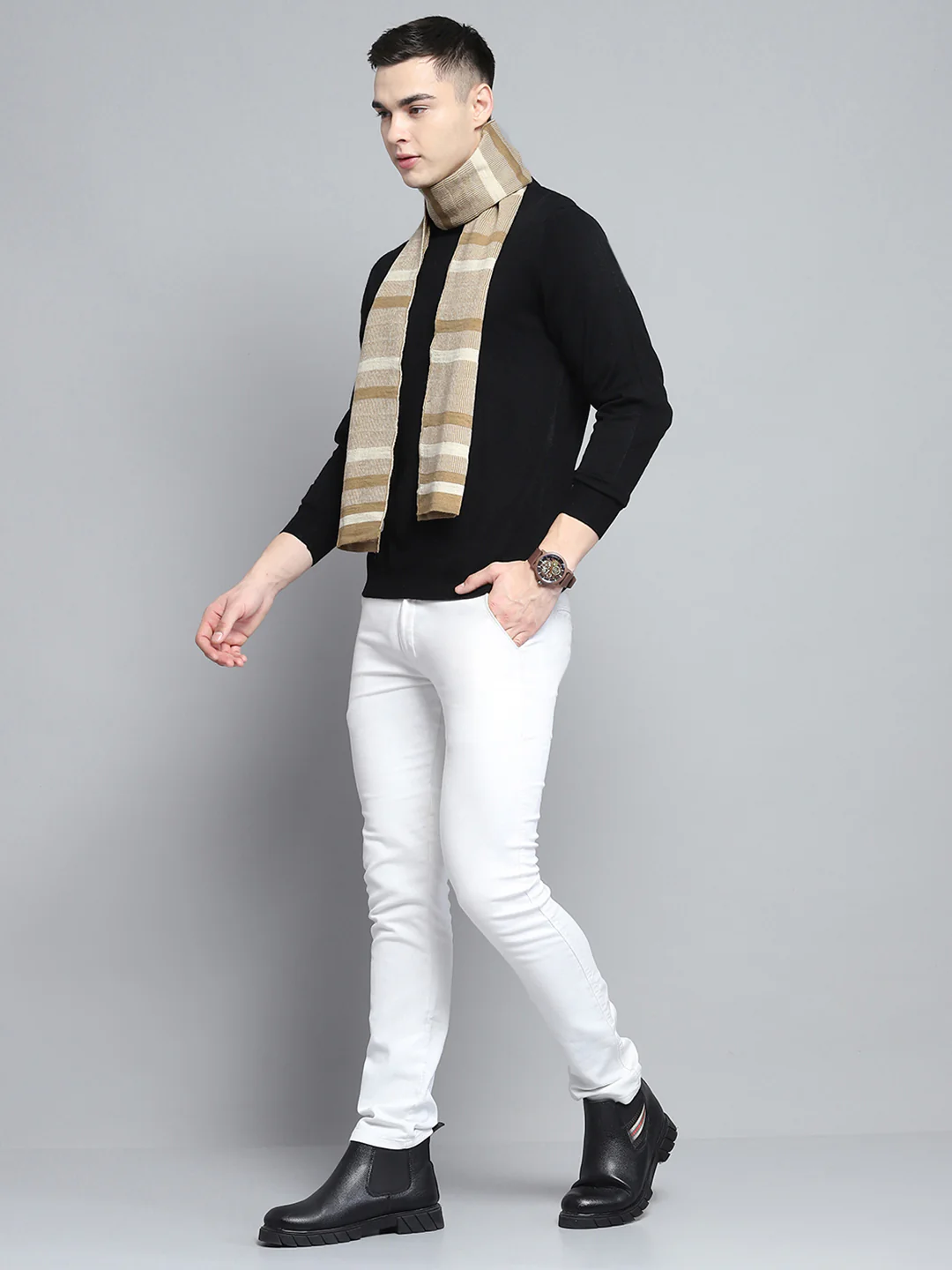 Men Beige Self Design Muffler - Image 2