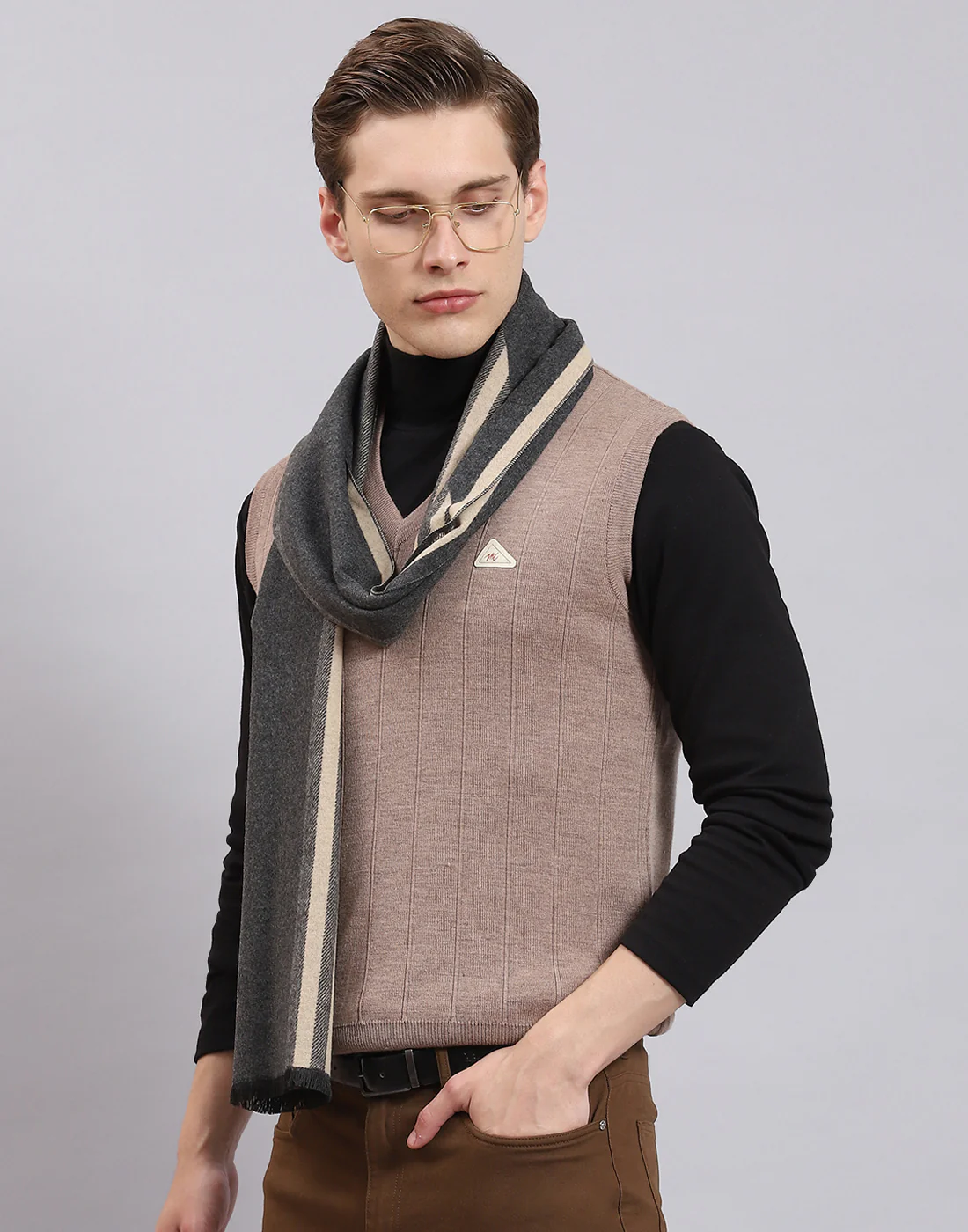 Men Beige Self Design Muffler - Image 3