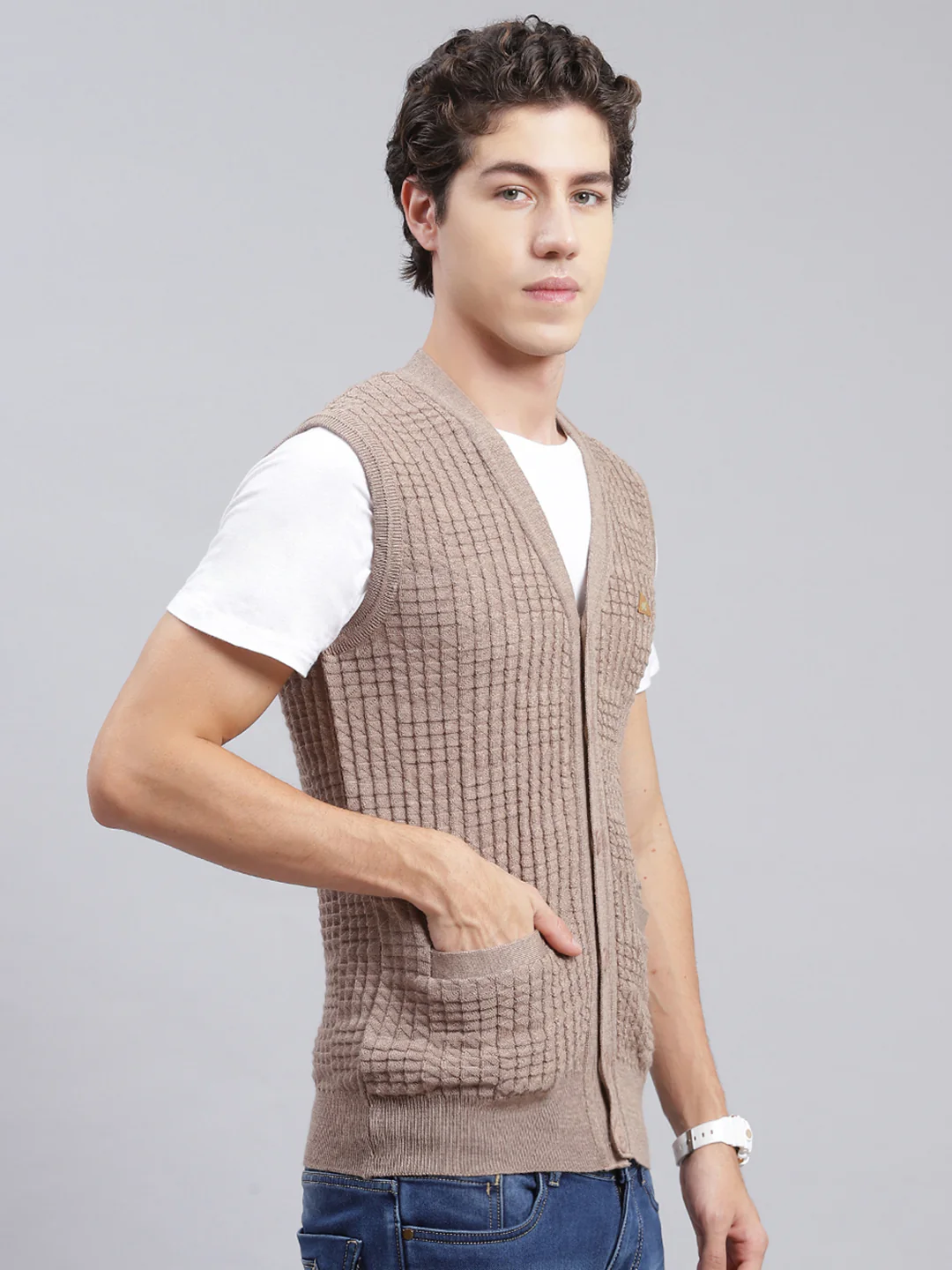 Men Beige Self Design Pure wool Cardigan - Image 3