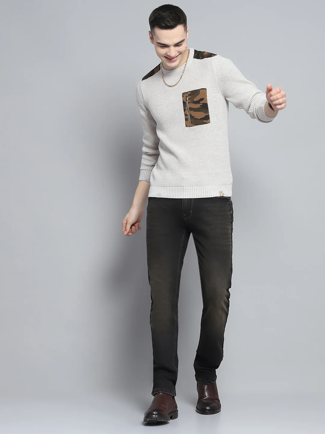 Men Beige Self Design Round Neck Full Sleeve Pullover - Image 2