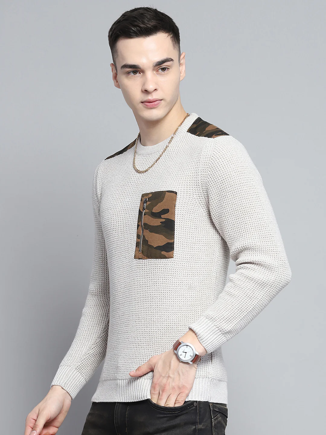Men Beige Self Design Round Neck Full Sleeve Pullover - Image 3