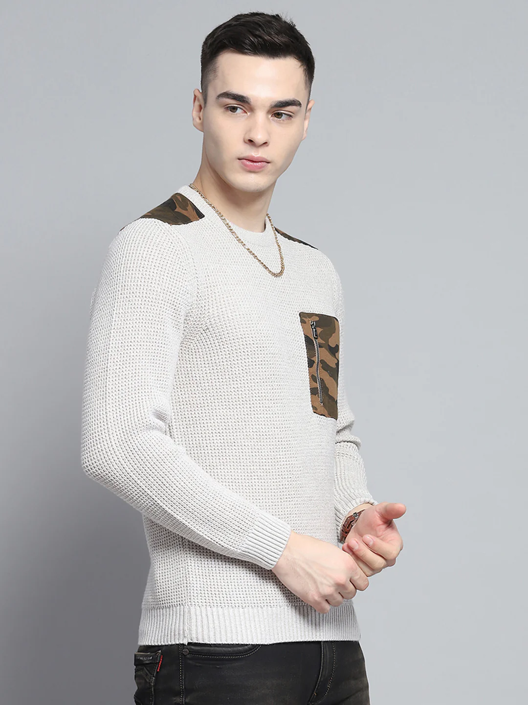 Men Beige Self Design Round Neck Full Sleeve Pullover - Image 4