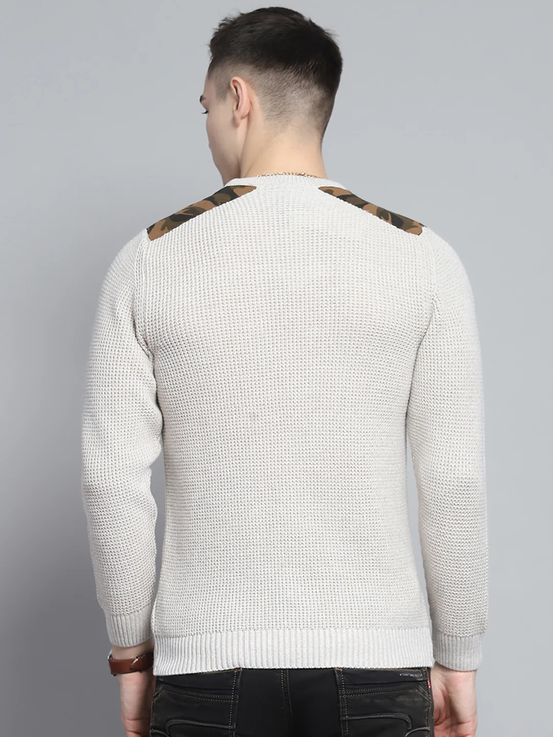 Men Beige Self Design Round Neck Full Sleeve Pullover - Image 5