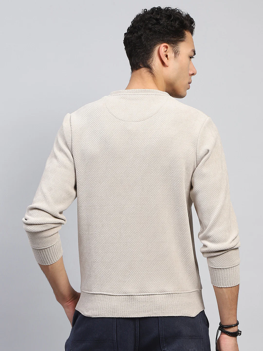 Men Beige Self Design Round Neck Full Sleeve Sweatshirt - Image 5