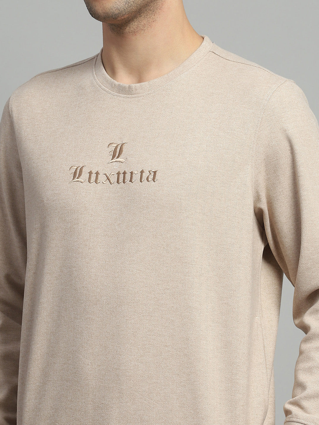 Men Beige Self Design Round Neck Full Sleeve Sweatshirt - Image 7