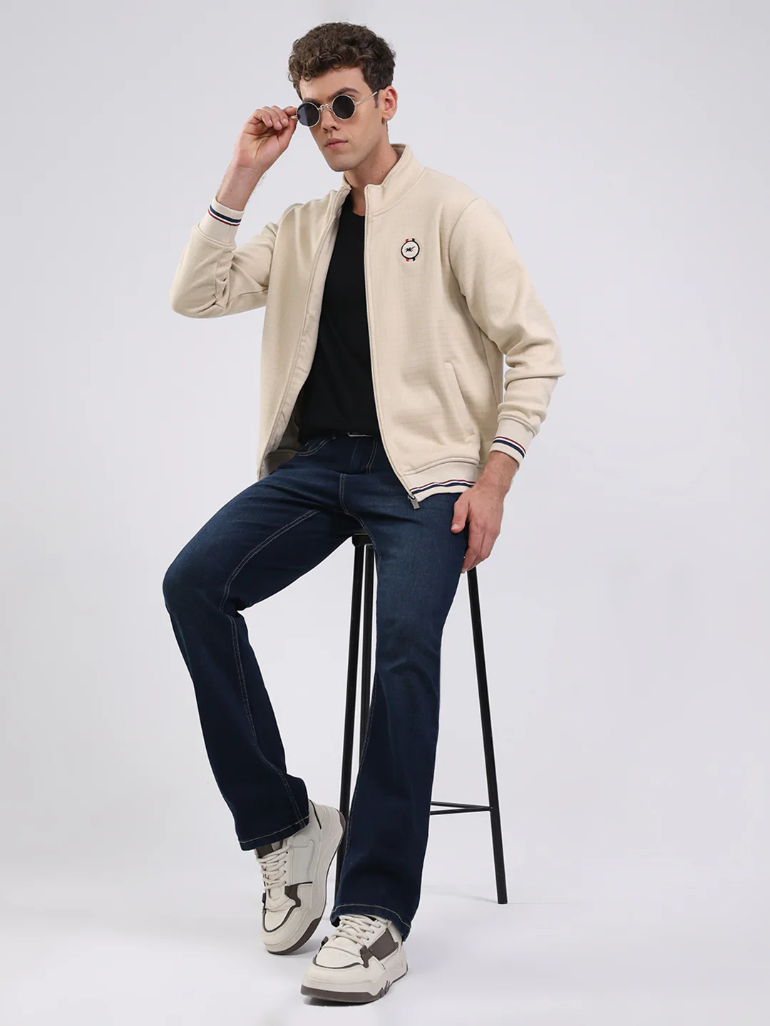 Men Beige Self Design Ultra Warm Collar Sweatshirt - Anti-Pilling Fabric - Image 2