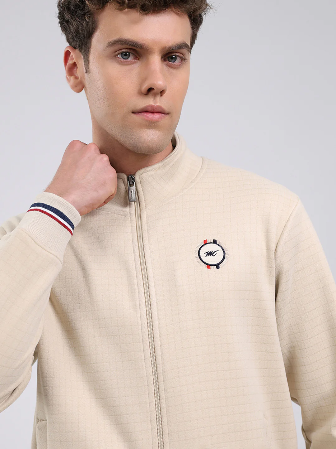Men Beige Self Design Ultra Warm Collar Sweatshirt - Anti-Pilling Fabric - Image 6