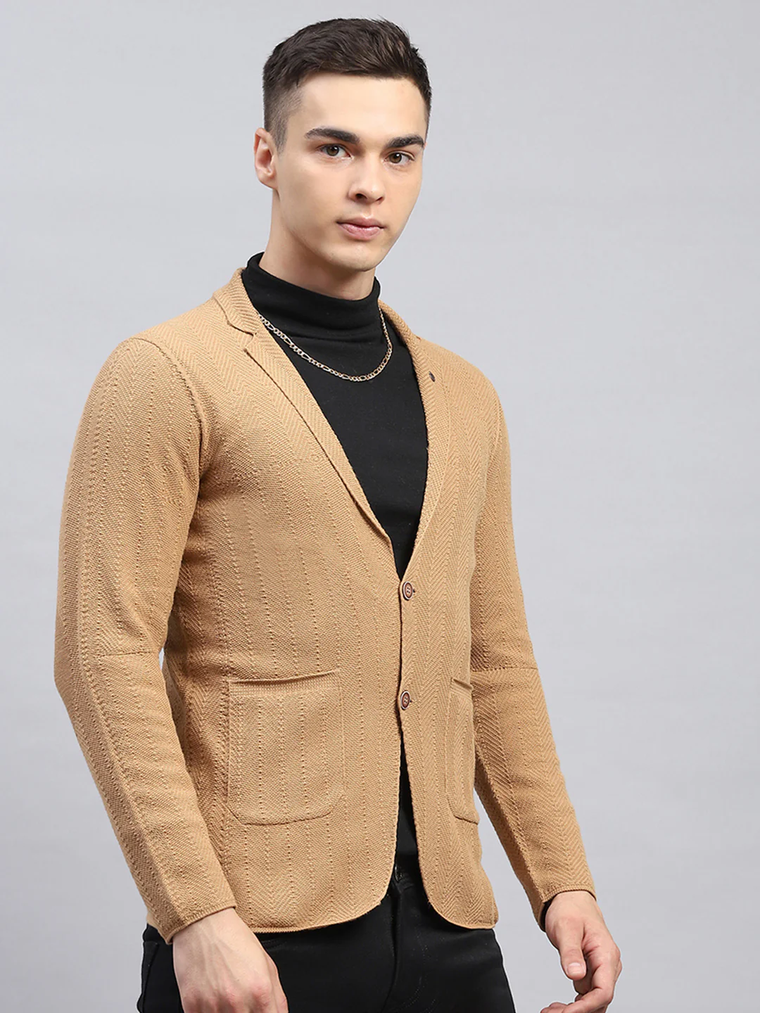 Men Beige Self Design V Neck Full Sleeve Coat - Image 4