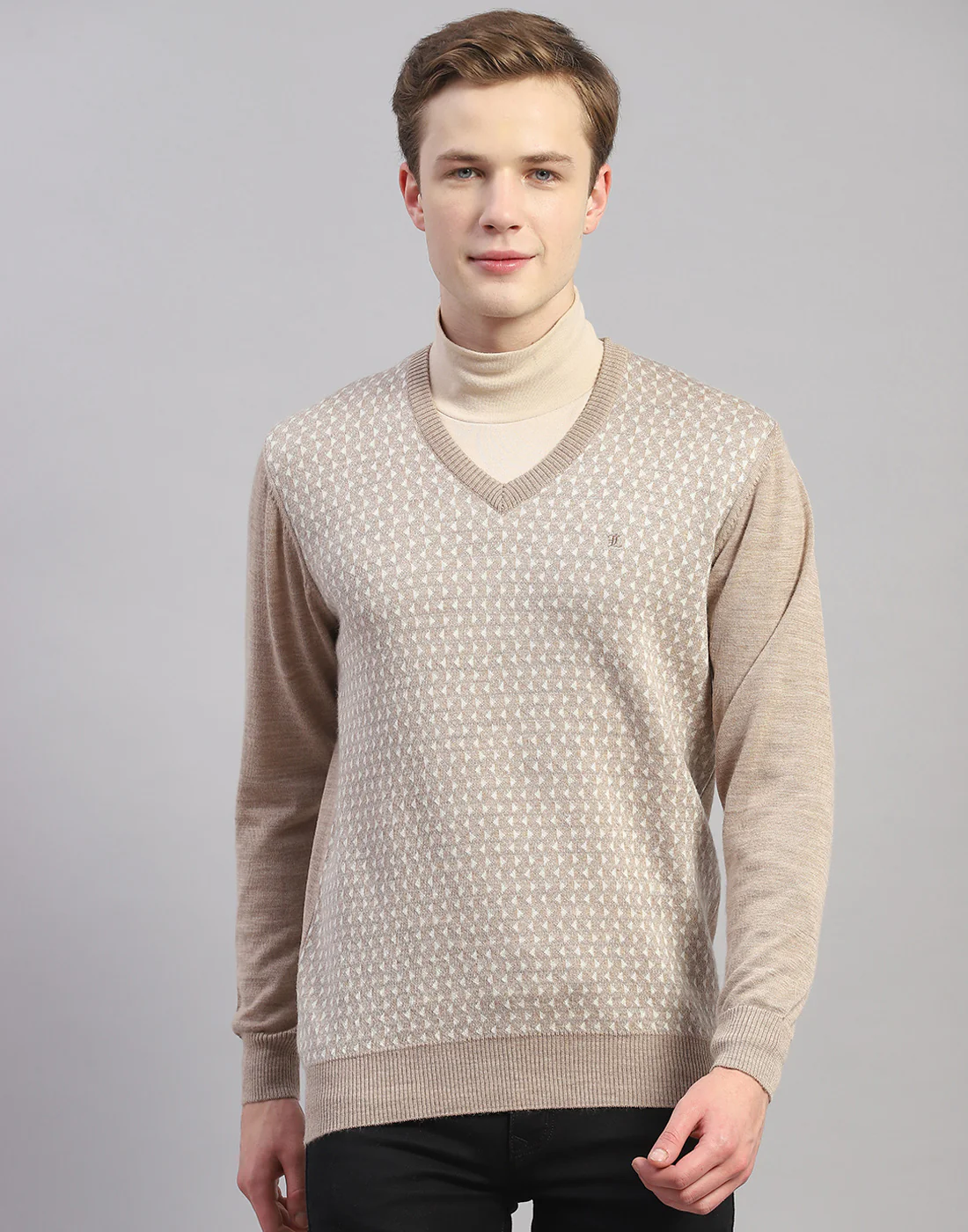 Men Beige Self Design V Neck Full Sleeve Pullover - Image 2