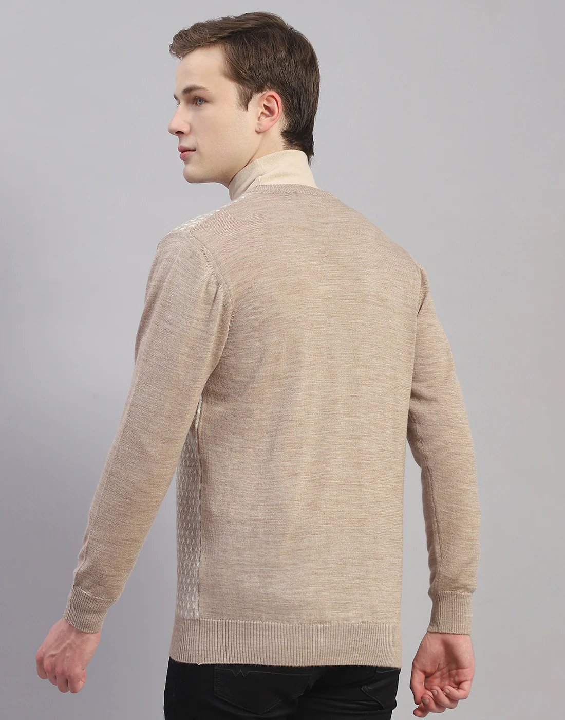 Men Beige Self Design V Neck Full Sleeve Pullover - Image 5