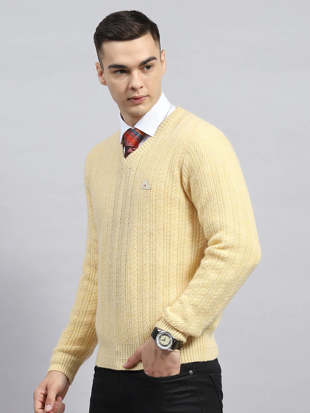 Men Beige Self Design V Neck Full Sleeve Pullover - Image 3