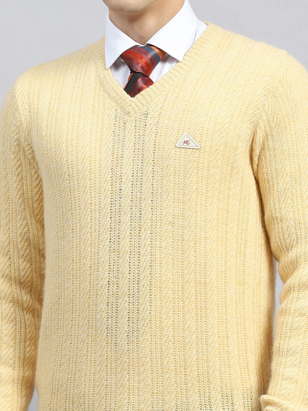 Men Beige Self Design V Neck Full Sleeve Pullover - Image 6