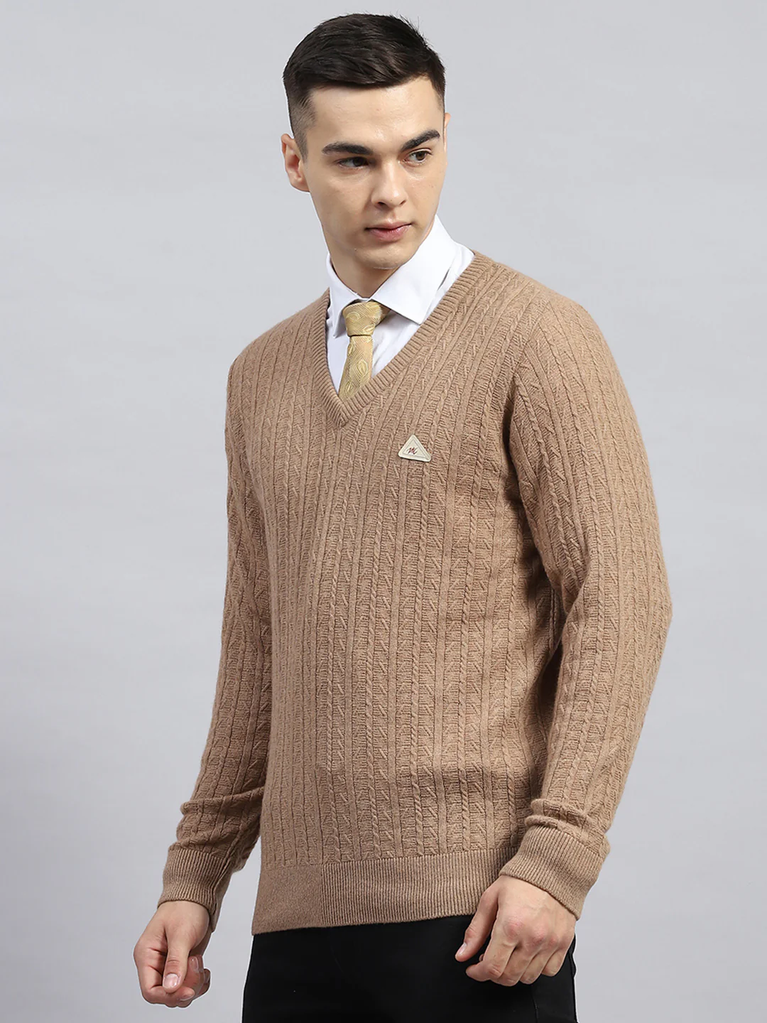 Men Beige Self Design V Neck Full Sleeve Pullover - Image 3