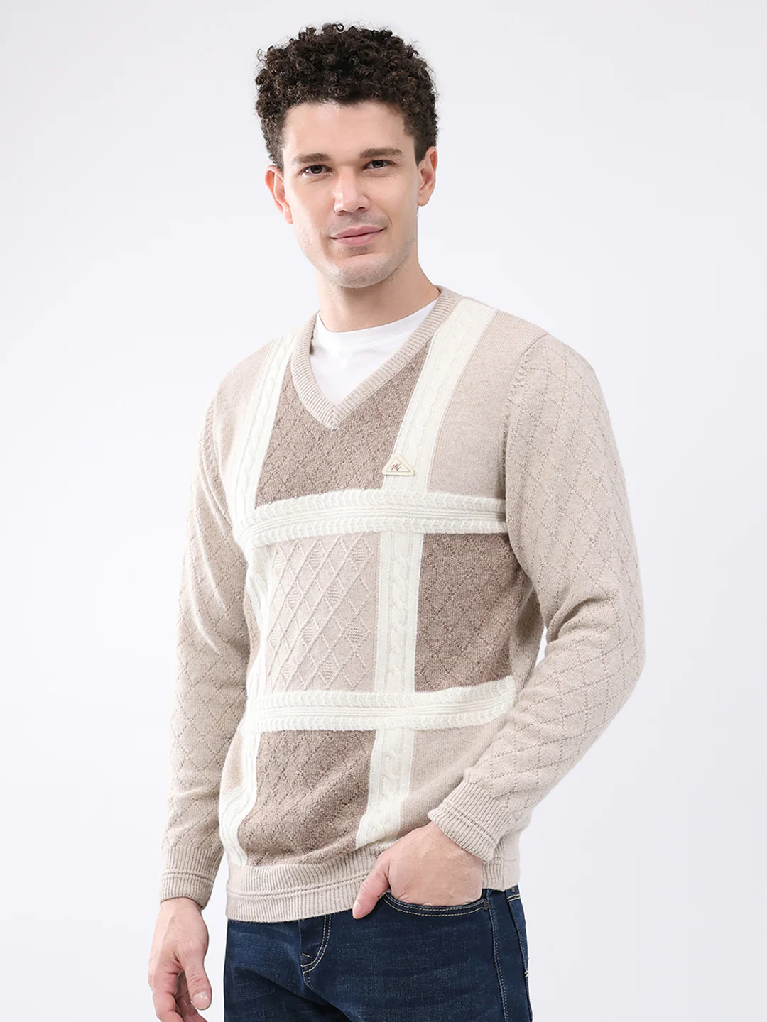 Men Beige Self Design V Neck Full Sleeve Pullover - Image 3