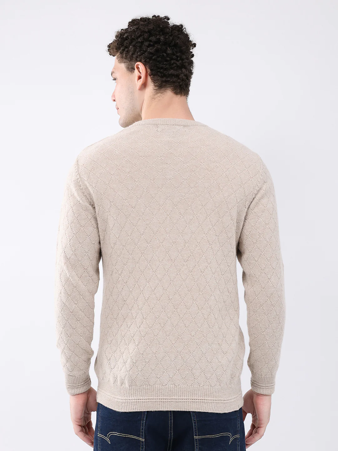 Men Beige Self Design V Neck Full Sleeve Pullover - Image 5