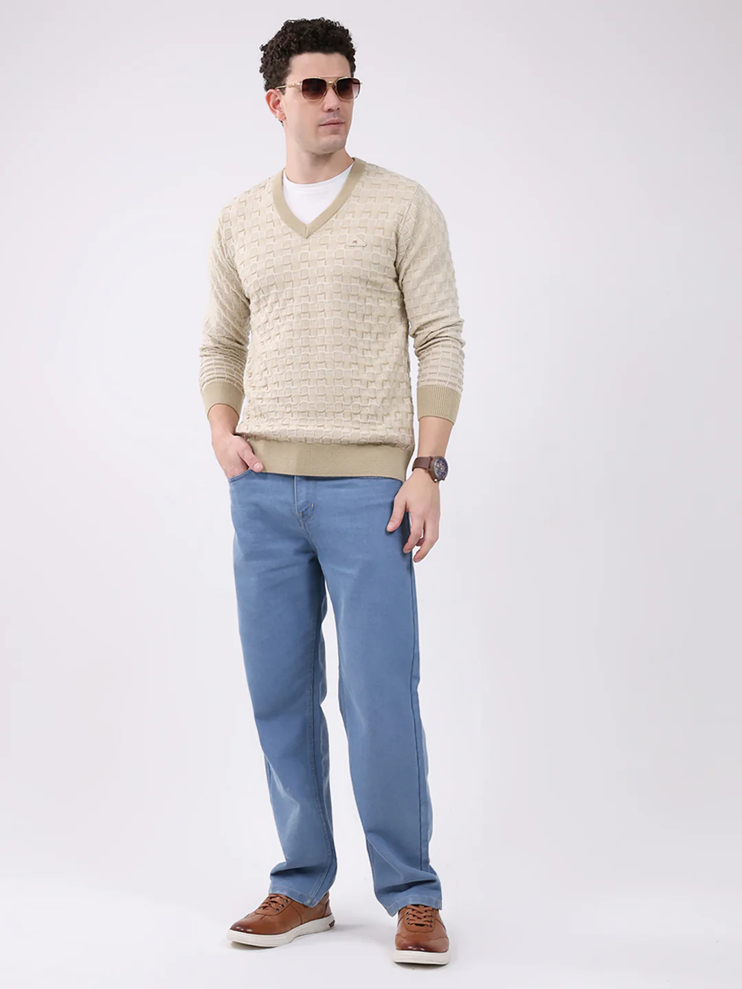 Men Beige Self Design V Neck Full Sleeve Pullover - Image 2