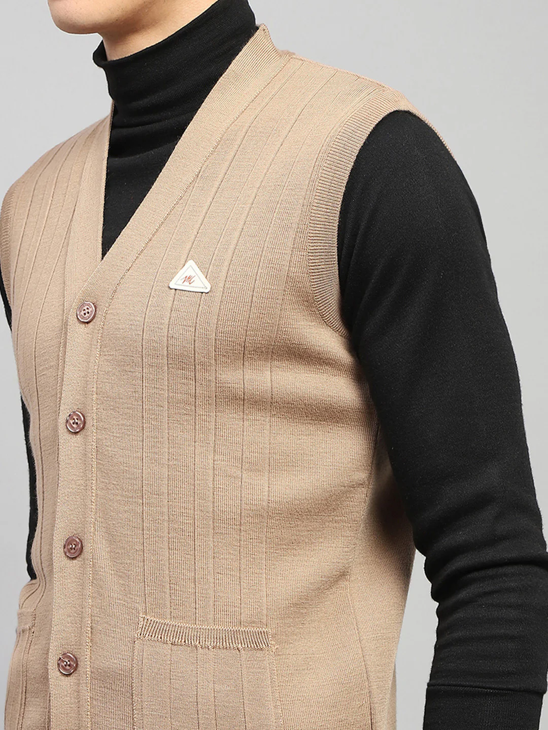 Men Beige Self Design V Neck Sleeveless Cardigan - Image 6