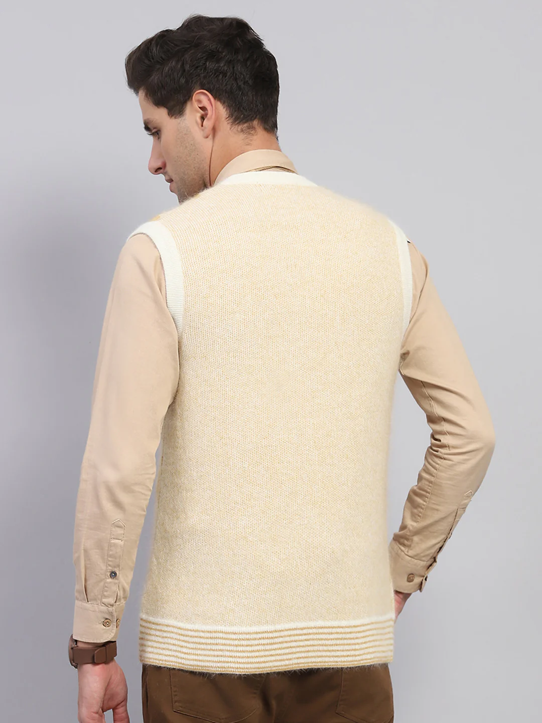 Men Beige Self Design V Neck Sleeveless Sweater - Image 5