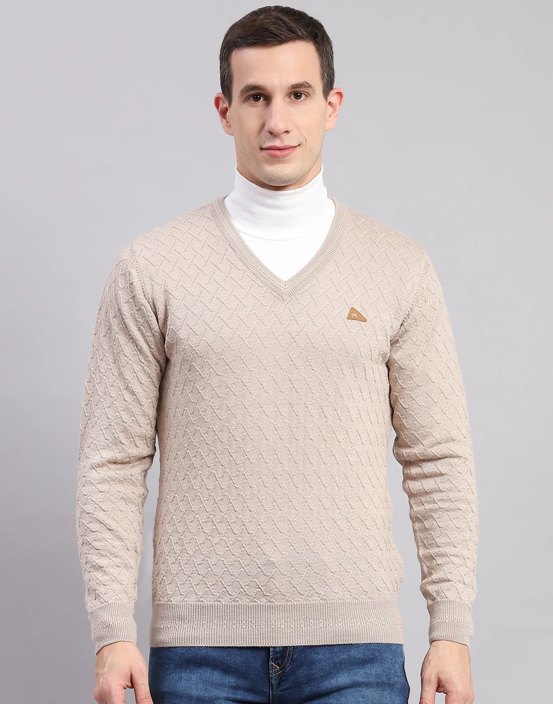 Men Beige Self Design V Neck Full Sleeve Sweaters/Pullovers - Image 2