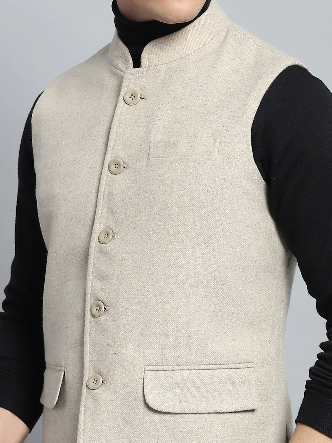 Men Beige Solid Band Collar Sleeveless Jacket - Image 6