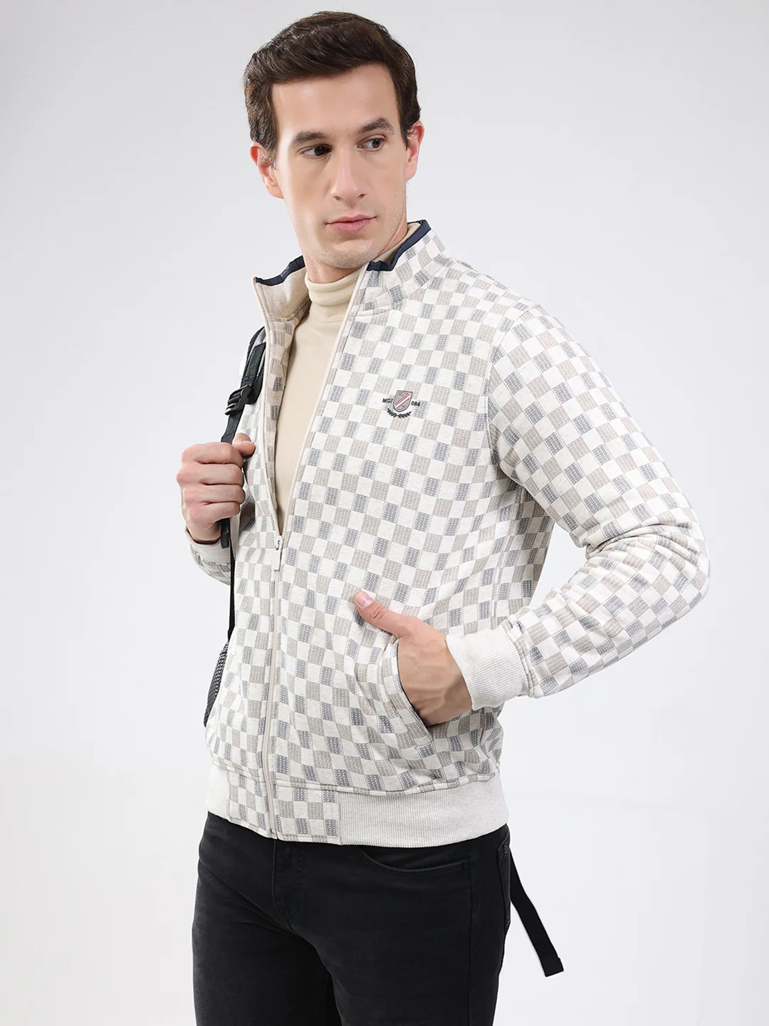 Men Beige Solid Band Neck Full Sleeve Sweatshirt - Image 6