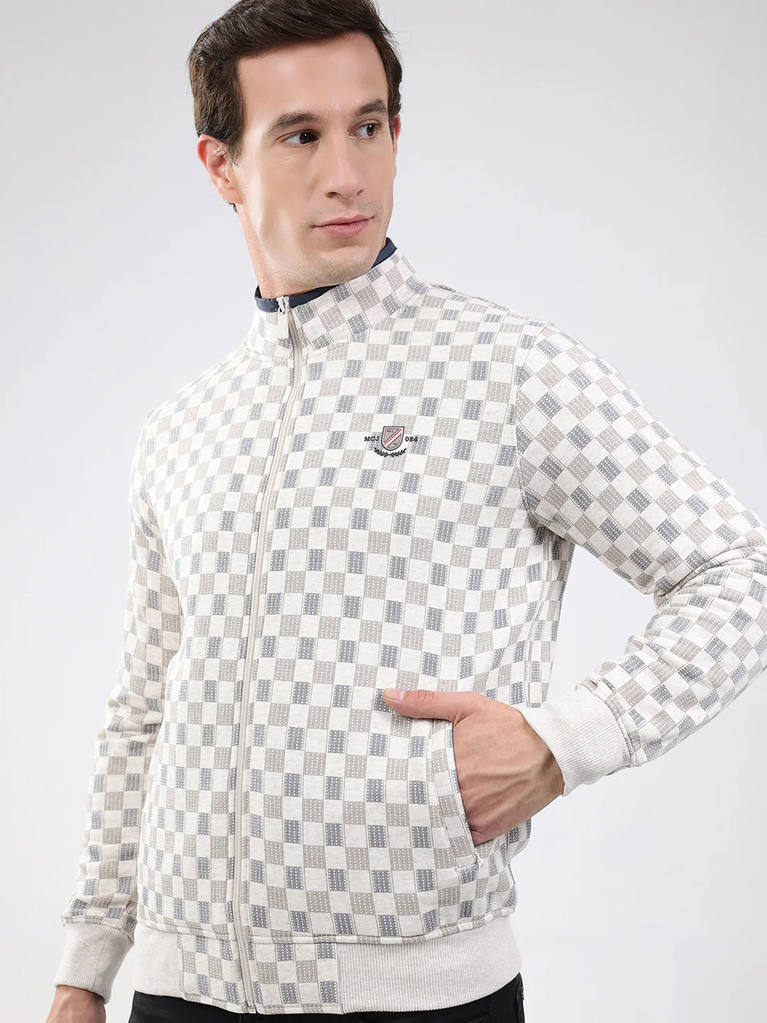 Men Beige Solid Band Neck Full Sleeve Sweatshirt - Image 7