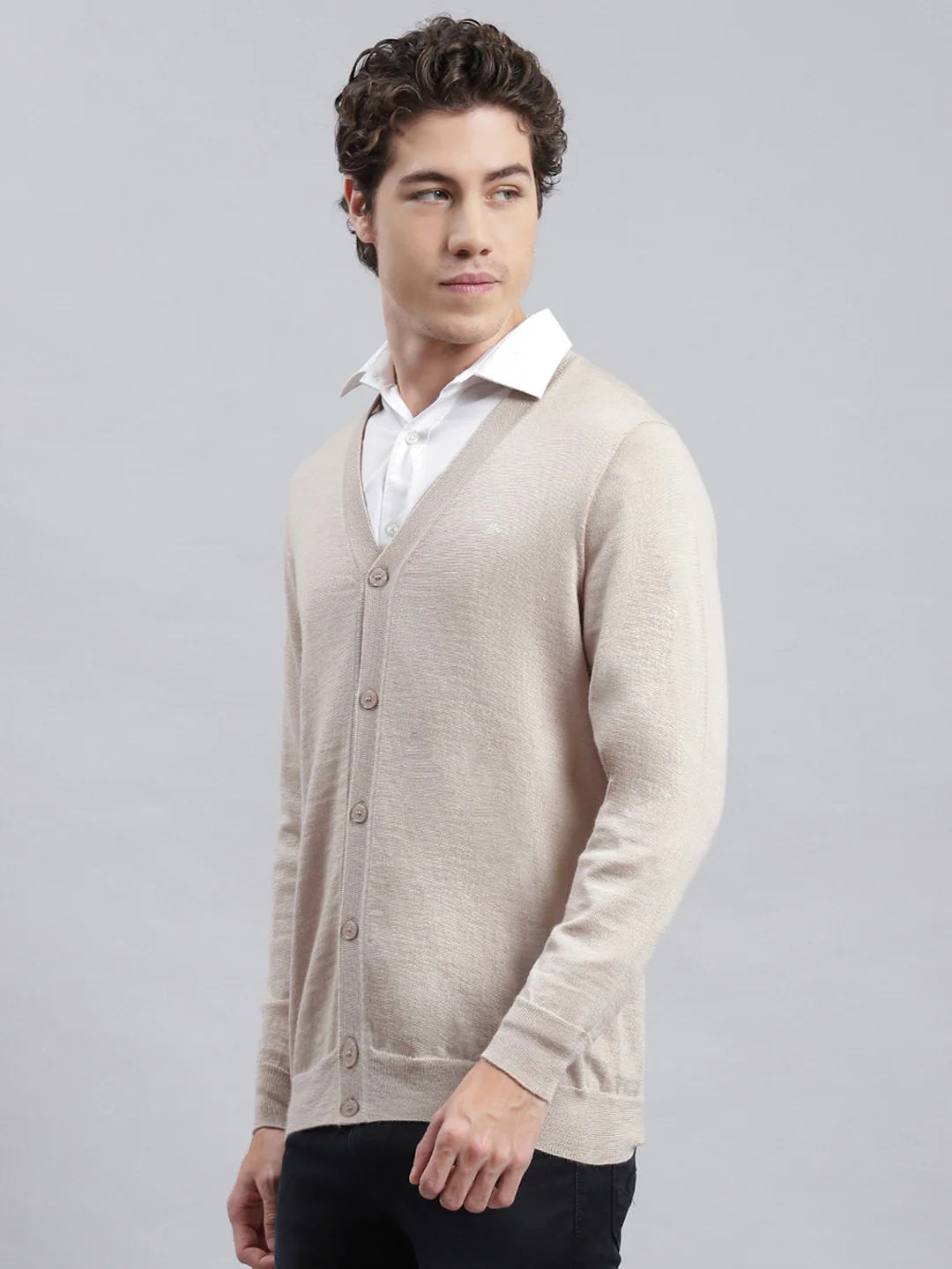 Men Beige Solid Cardigan - Image 3