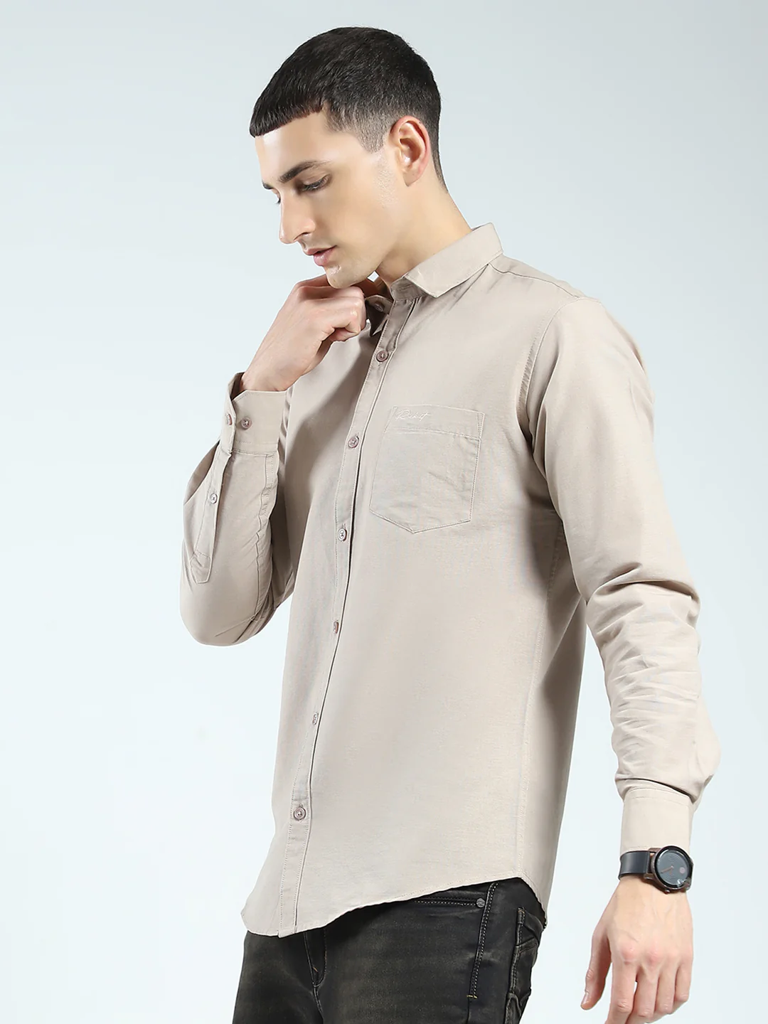 Rock.it Men Beige Solid Collar Full Sleeve Shirt - Image 3