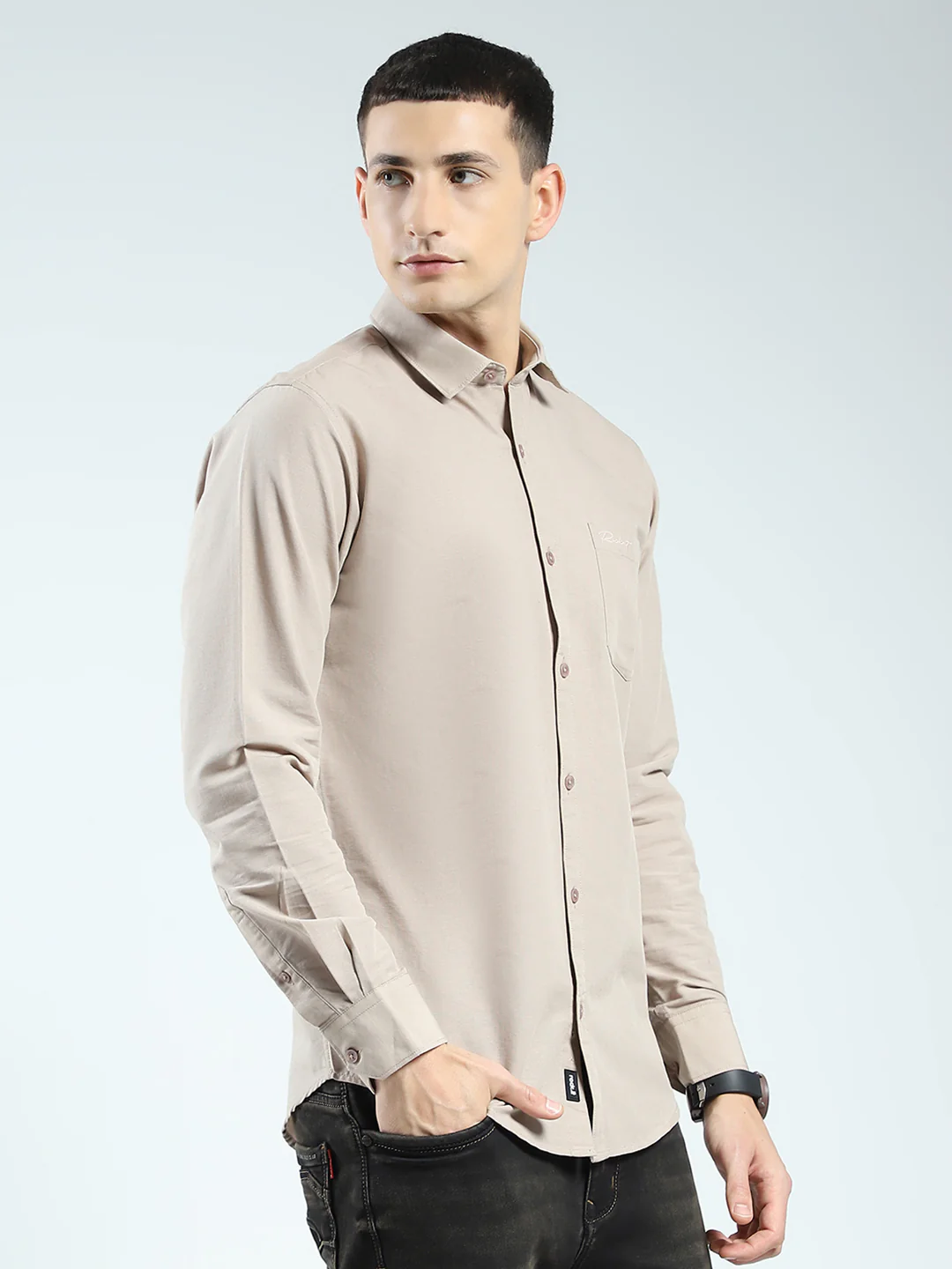 Rock.it Men Beige Solid Collar Full Sleeve Shirt - Image 4