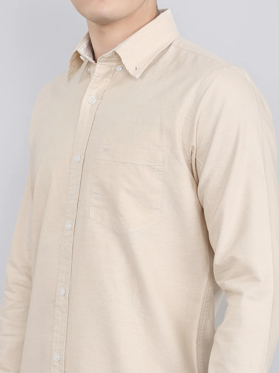 Men Beige Solid Collar Full Sleeve Shirt - Image 7