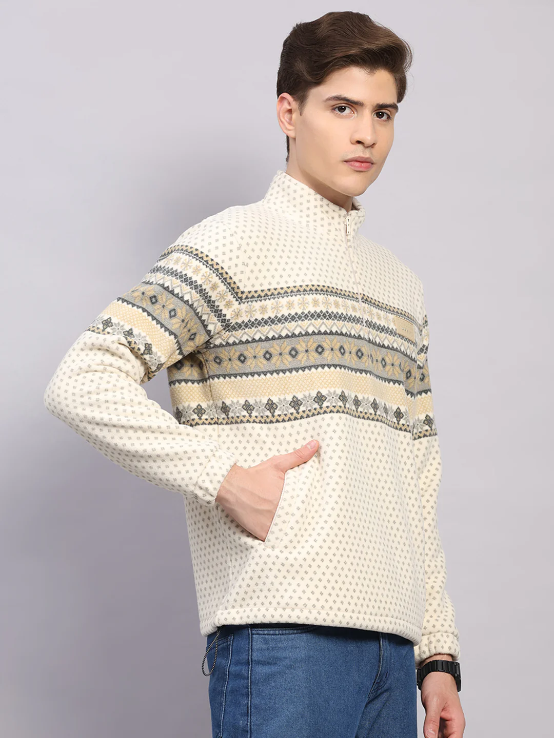 Men Beige Solid Collar Full Sleeve Sweatshirt - Image 4