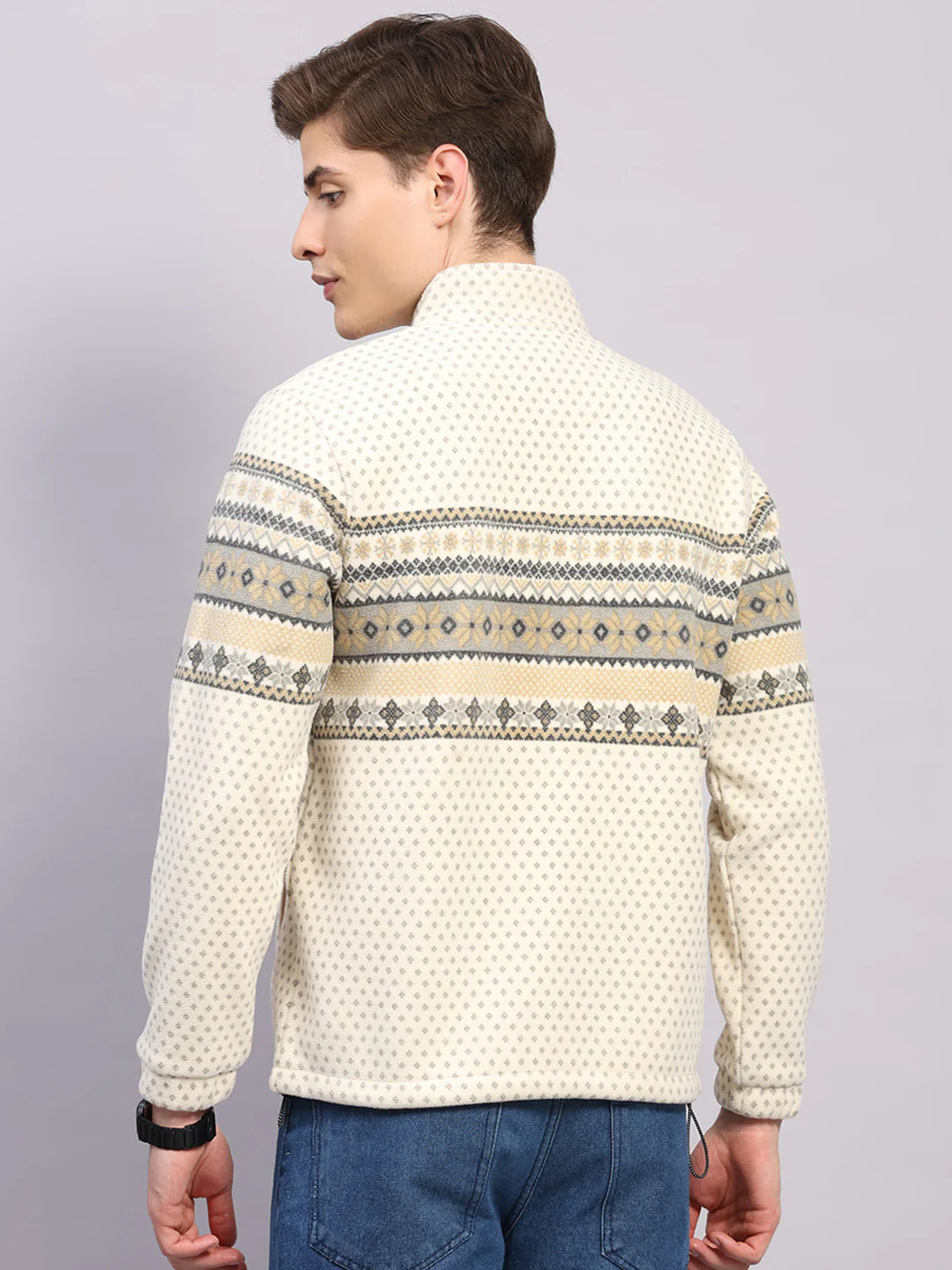 Men Beige Solid Collar Full Sleeve Sweatshirt - Image 5