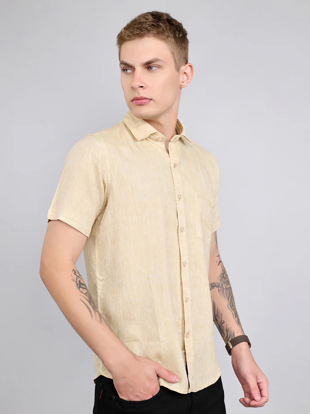 Men Beige Solid Collar Half Sleeve Shirt - Image 3
