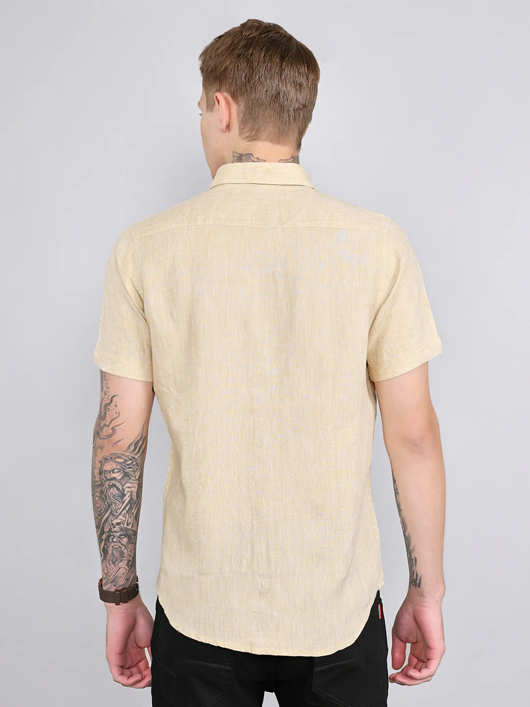 Men Beige Solid Collar Half Sleeve Shirt - Image 5