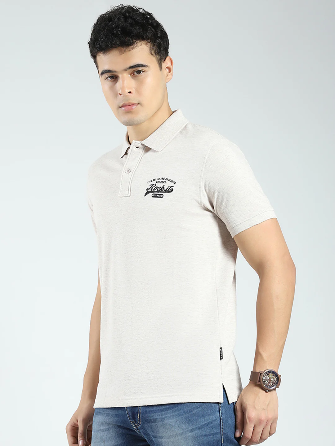 Rock.it Men Beige Solid Collar Half Sleeve T-Shirt - Image 3