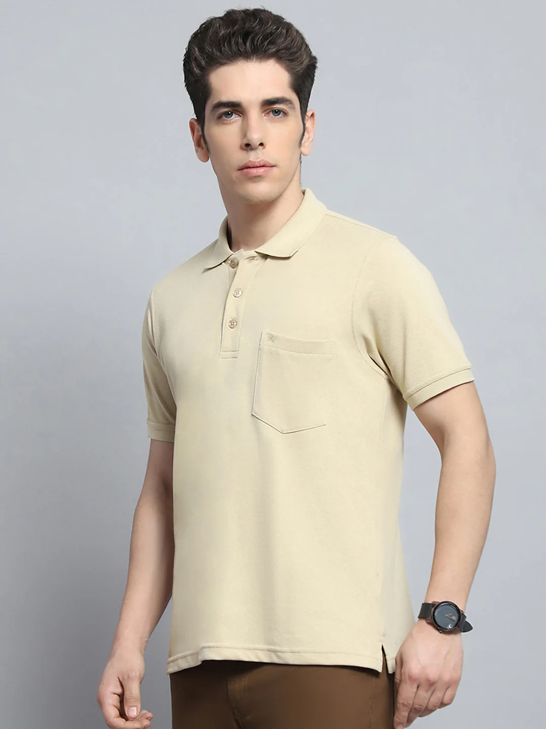 Men Beige Solid Collar Half Sleeve T-Shirt - Image 3
