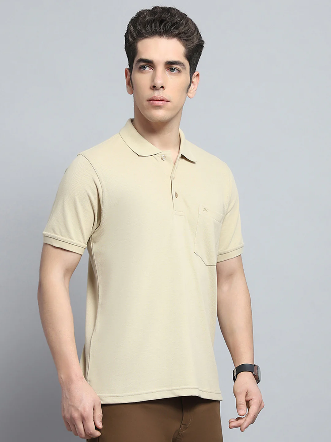 Men Beige Solid Collar Half Sleeve T-Shirt - Image 4