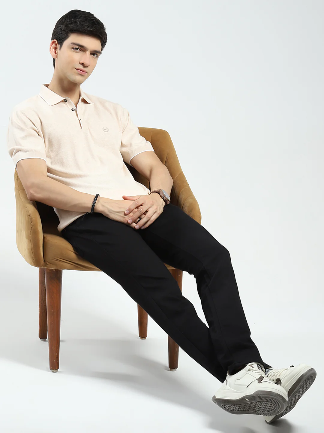 Men Beige Solid Collar Half Sleeve T-Shirt - Image 2