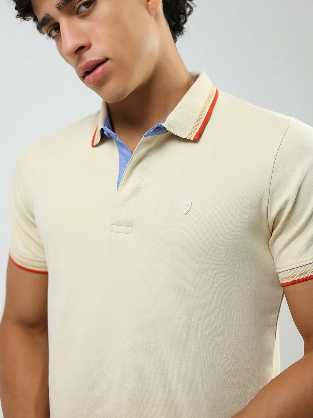 Men Beige Solid Collar Half Sleeve T-Shirt - Image 6