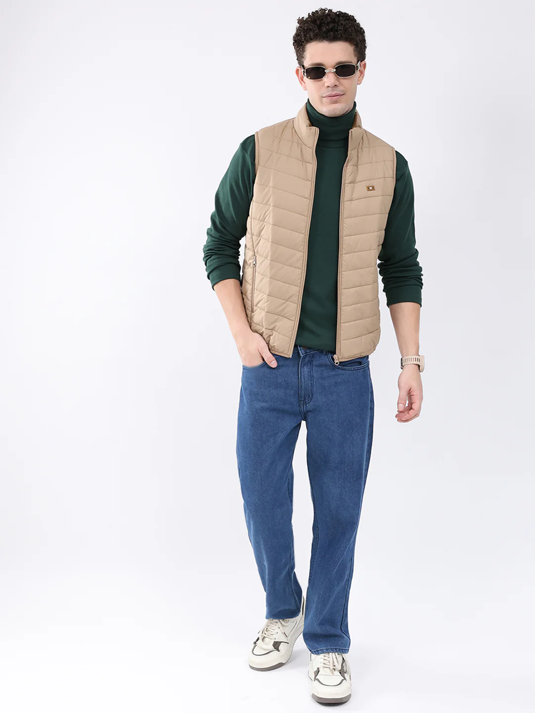 Men Beige Solid Collar Sleeveless Jacket - Image 2