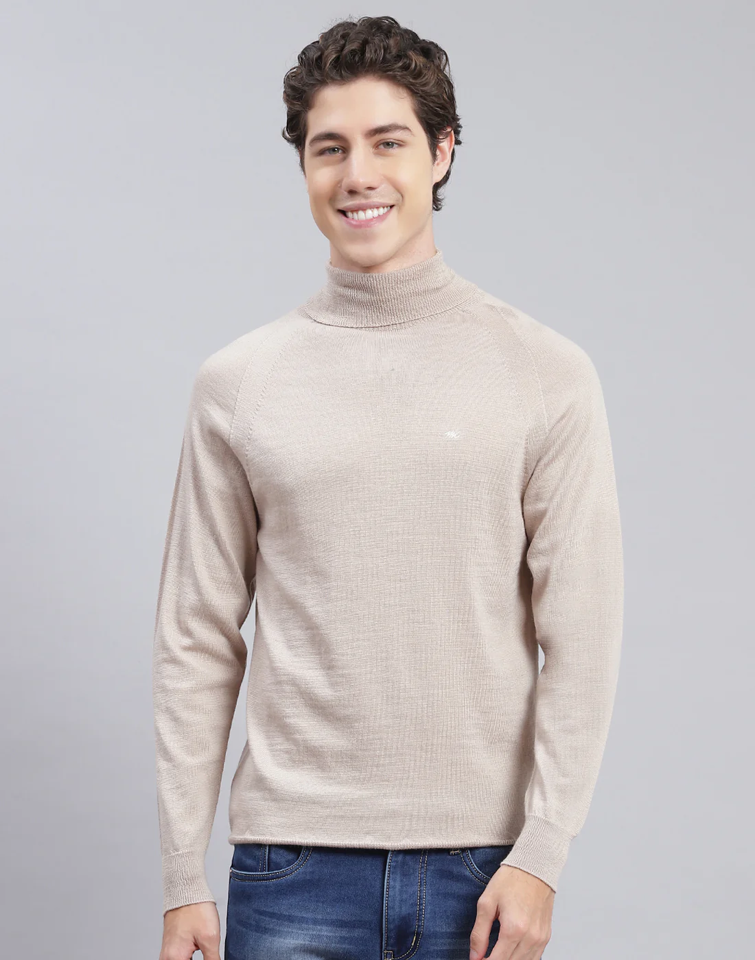 Men Beige Solid High Neck Full Sleeve Pullover - Image 2