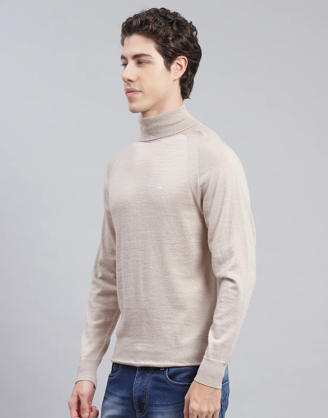 Men Beige Solid High Neck Full Sleeve Pullover - Image 3