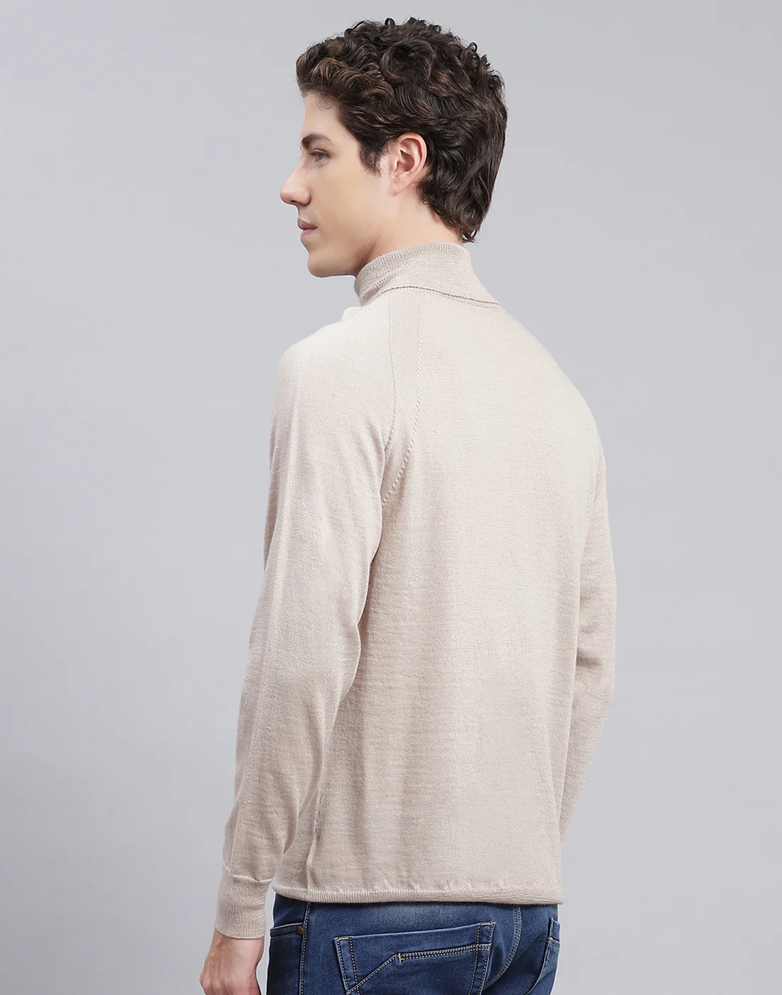 Men Beige Solid High Neck Full Sleeve Pullover - Image 5