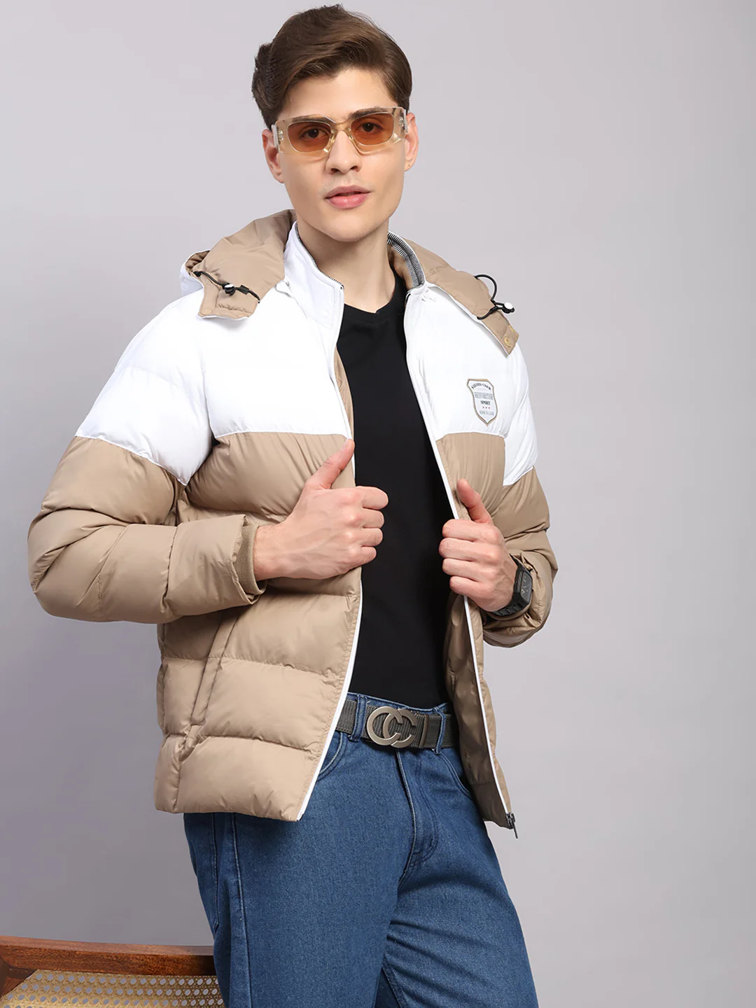 Men Beige Solid Hooded Full Sleeve Jacket - Image 6