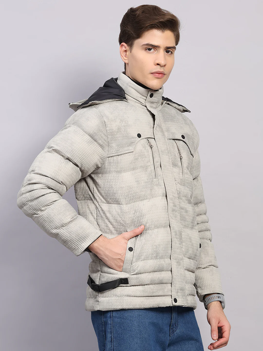 Men Beige Solid Hooded Full Sleeve Jacket - Image 4