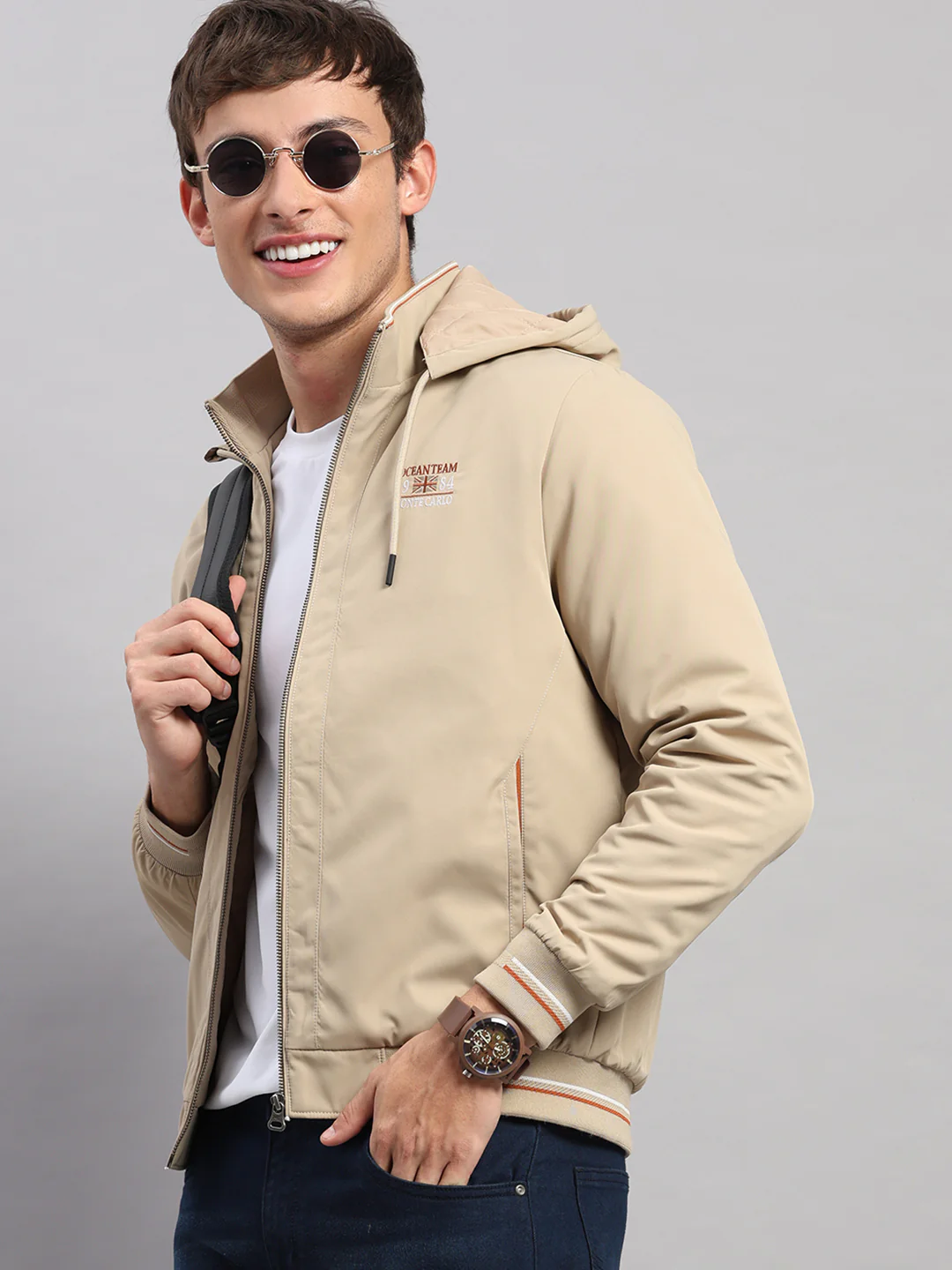 Men Beige Solid Hooded Full Sleeve Jacket - Image 6