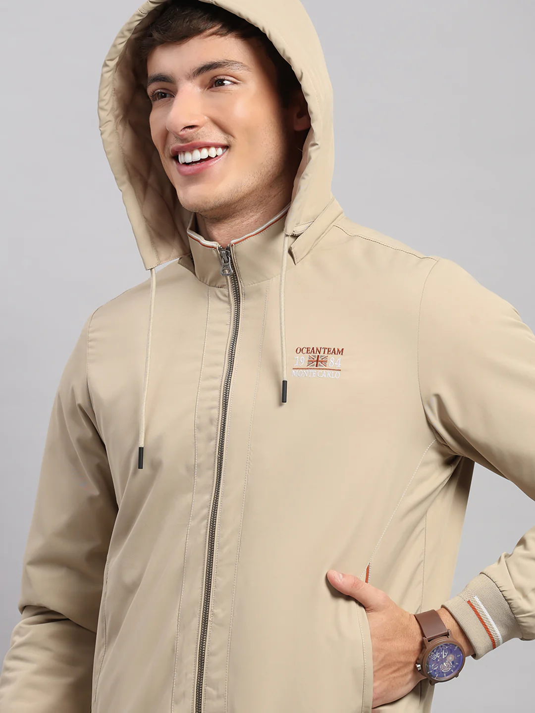 Men Beige Solid Hooded Full Sleeve Jacket - Image 7