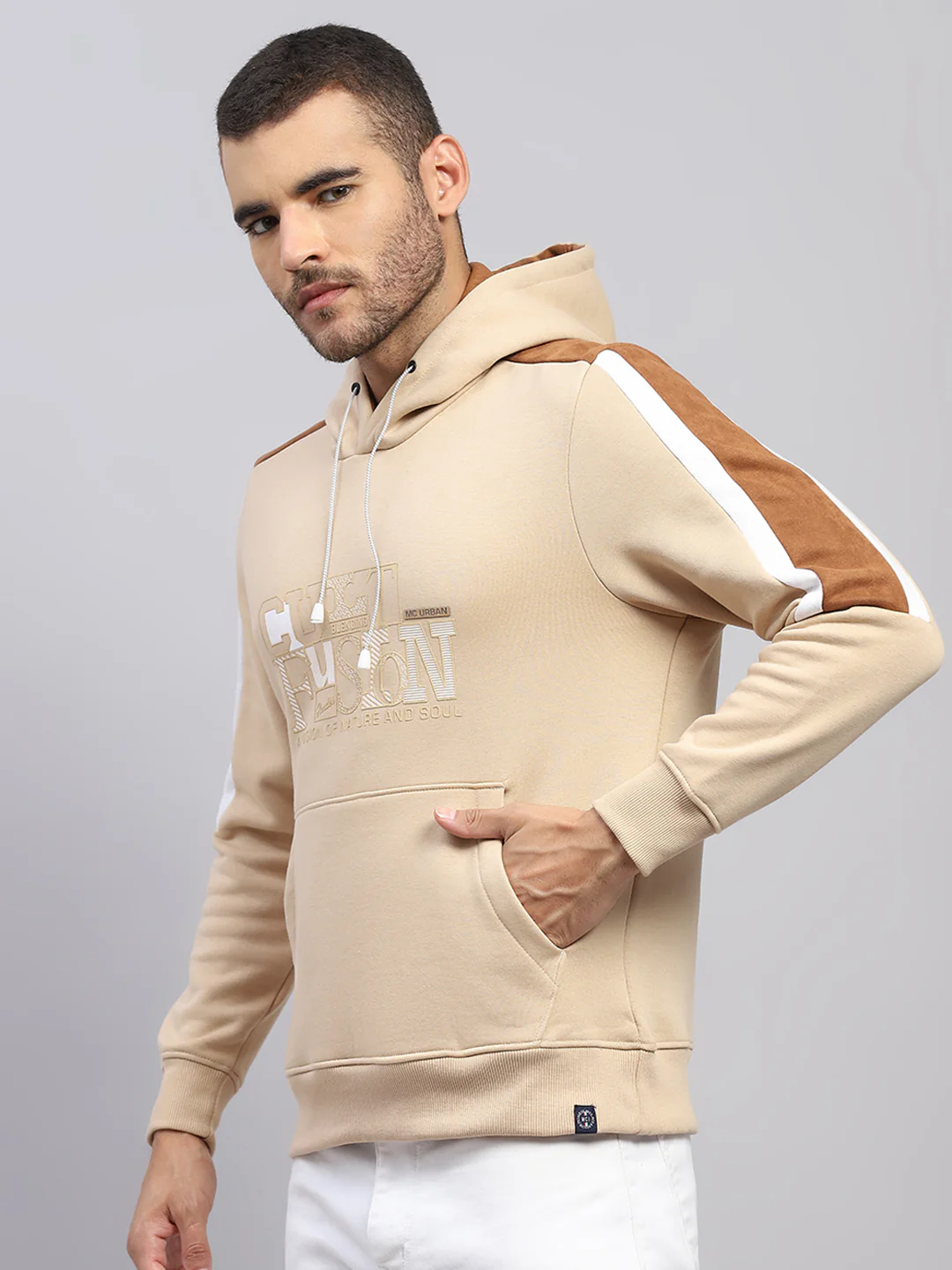 Men Beige Solid Hooded Full Sleeve Sweatshirt - Image 3